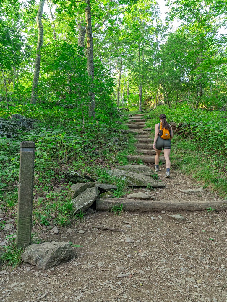 Woman hiking along the Bearfence Mountain Trail in Shenandoah National Park.