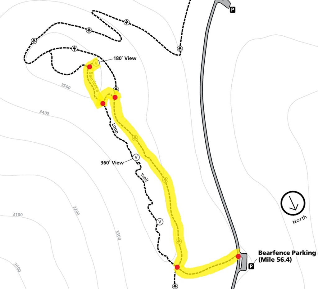 Bearfence Mountain Trail map provided by nps.gov with a yellow highlighted line showing the alternate route to avoid the rock scramble.