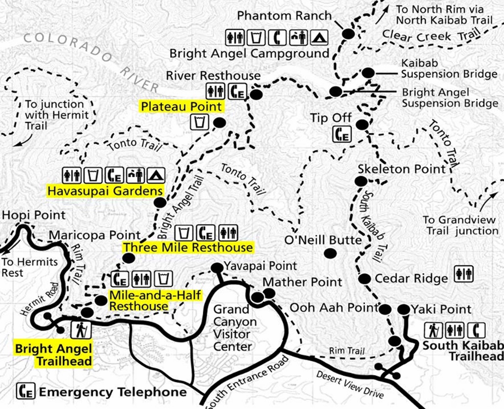 NPS.gov trail map of the Bright Angel Trail with highlighted spots along the trail.