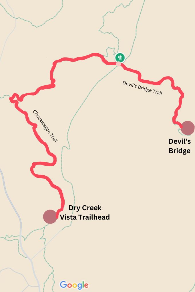 Map highlighting the route from Dry Creek Trailhead via Chuckwagon Trail to Devil's Bridge Sedona.