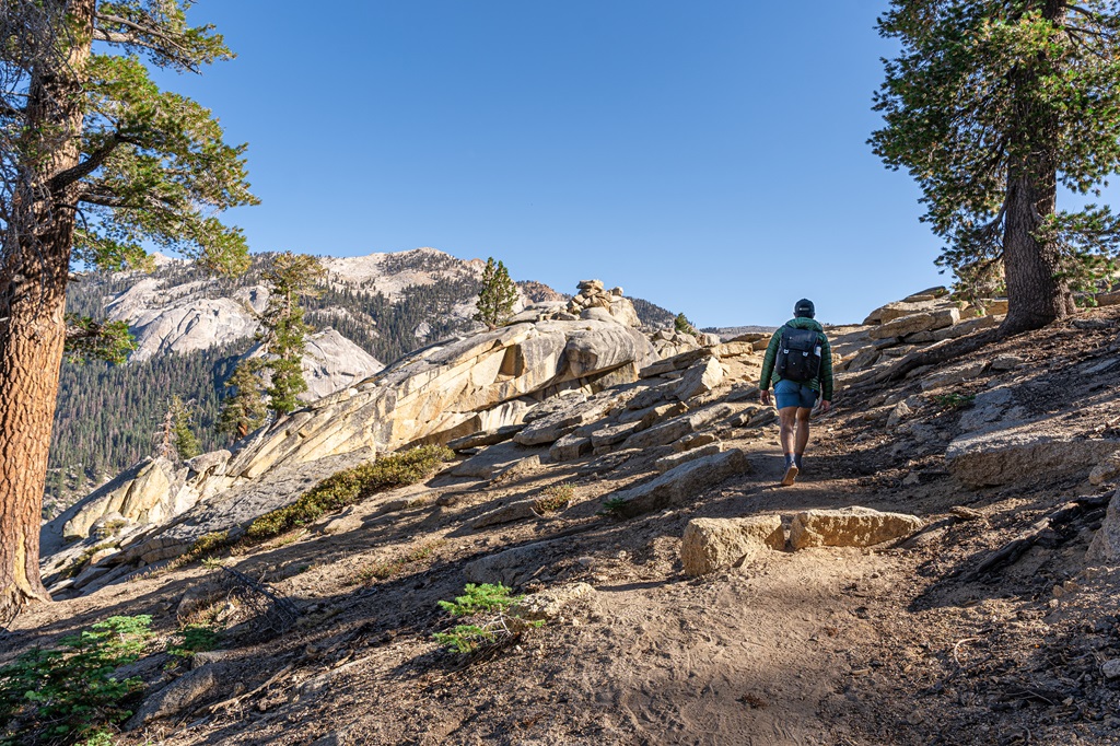 Man hiking along the Watchtower Trail in Sequoia National Park.