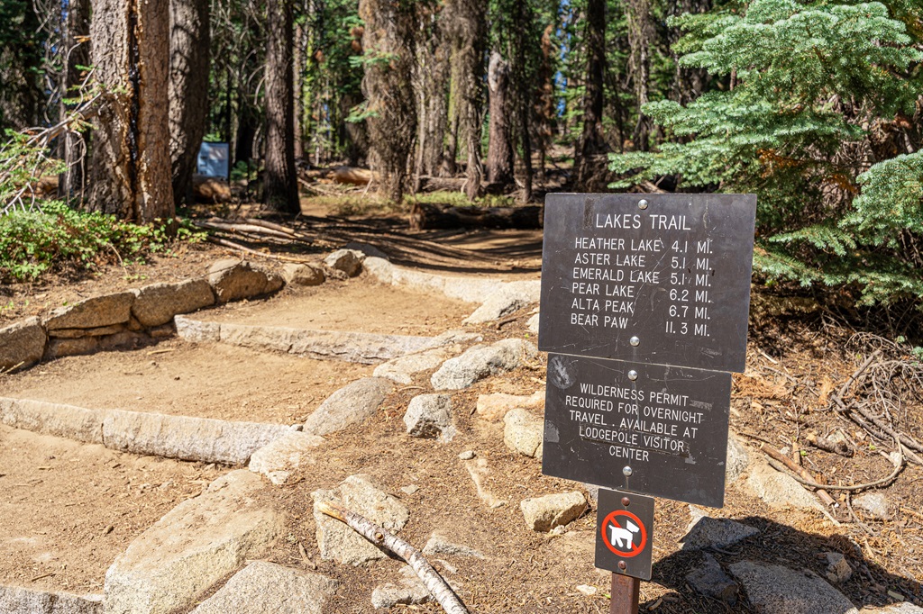 Lakes Trail sign at the Wolverton Trailhead in Sequoia National Park.