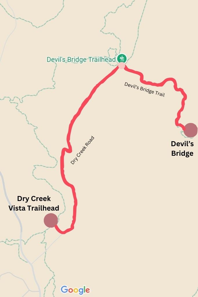 Map highlighting the route from Dry Creek Trailhead via Dry Creek Road to Devil's Bridge Sedona.