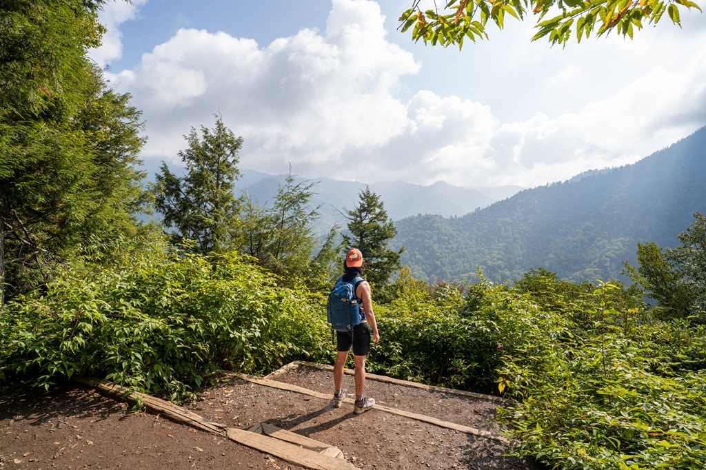 Man standing at the Chimney Tops overlook.