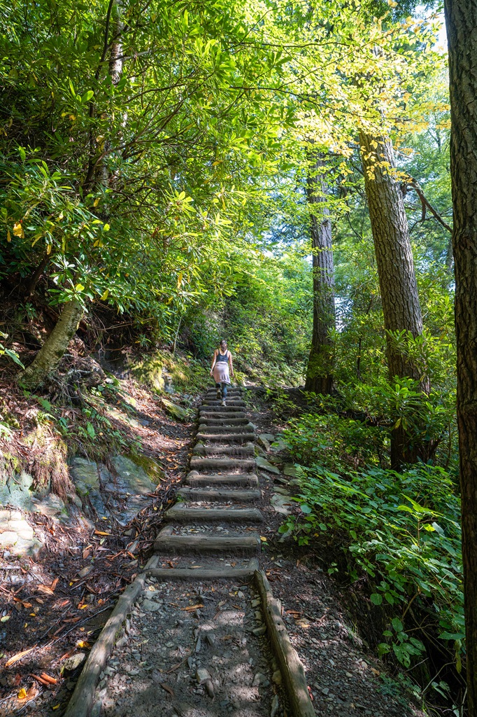 Woman hiking up a section of stairs along the Chimney Tops Trail.