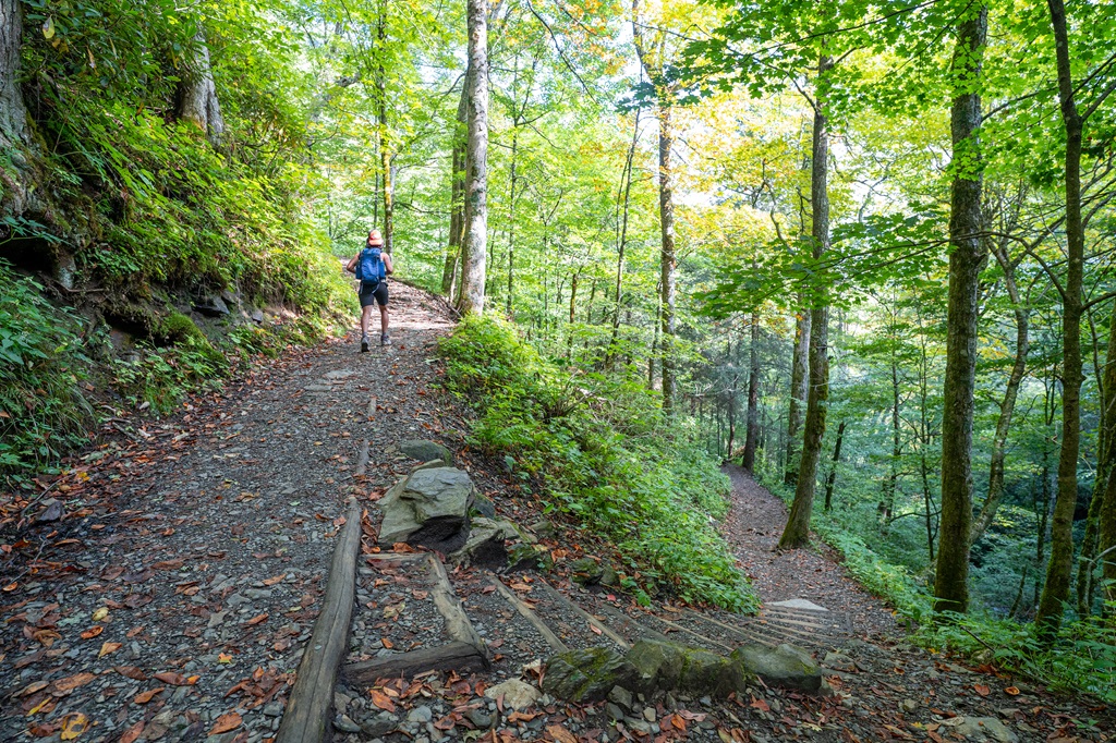 Man hiking along the Chimney Tops Trail located in the Great Smoky Mountains National Park.