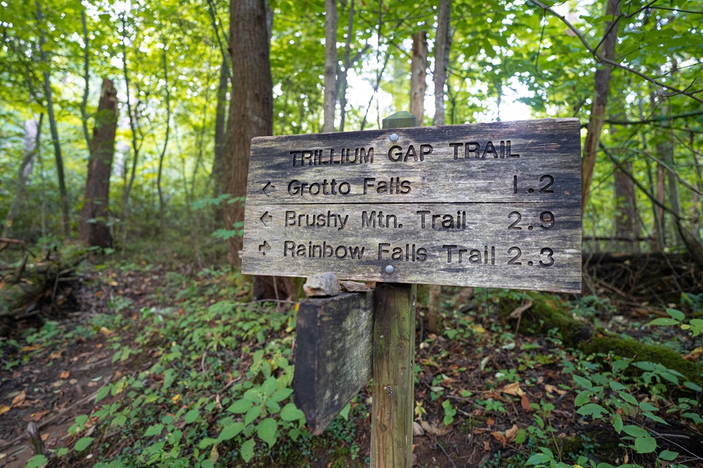 Trillium Gap Trail sign with directions to Grotto Falls in 1.2 miles.