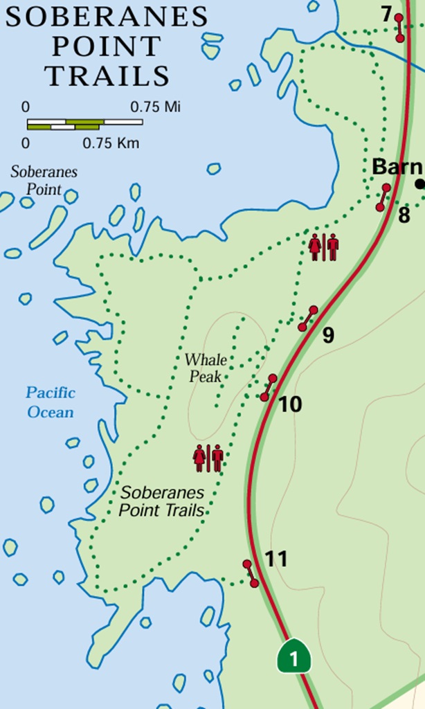 Map of Garrapata State Park showing gates 8 to 11 and restroom locations.