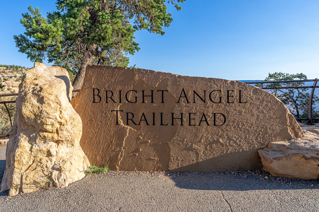 Bright Angel Trailhead sign at the South Rim of Grand Canyon.