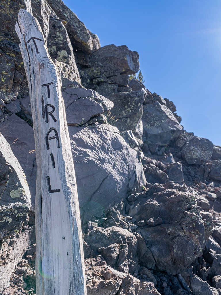 Trail marker along the rocky portion of Humphreys Trail near the summit of Humphreys Peak.