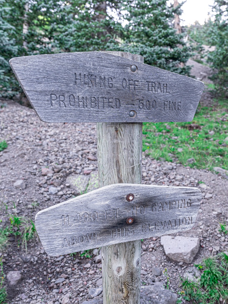 Trail sign indicated the elevation is 11,400 feet and camping is prohibited above this elevation.