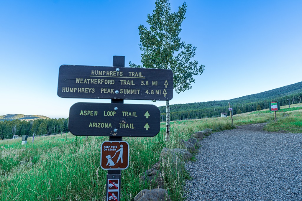 Humphreys Peak trailhead sign at the Arizona Snowbowl.