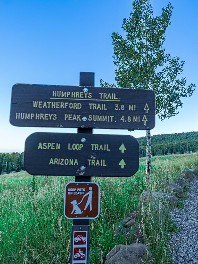 Humphreys Peak trailhead sign at the Arizona Snowbowl.