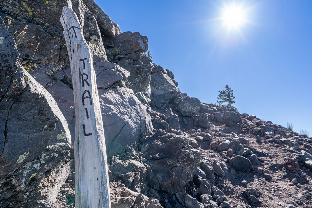 Trail marker along the rocky portion of Humphreys Trail near the summit of Humphreys Peak.