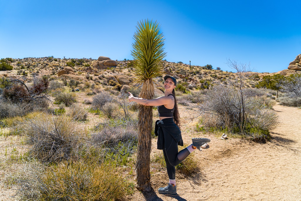 Woman air-hugging a short Joshua Tree in Joshua Tree National Park.