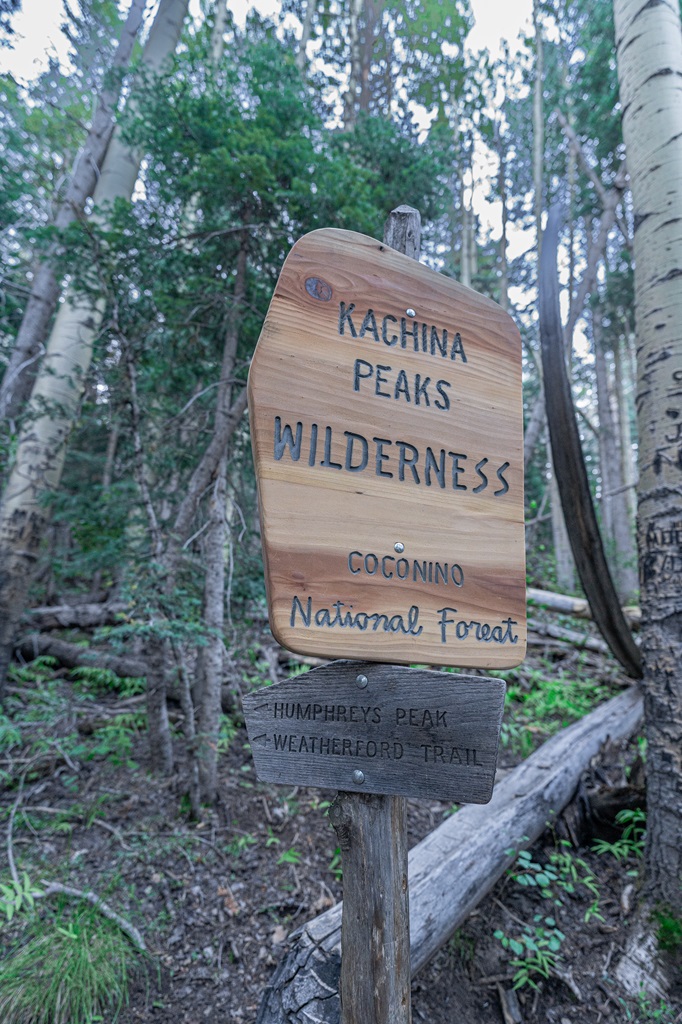 Kachine Peaks Wilderness sign and a trail sign below indicating the direction towards Humphreys Peak.