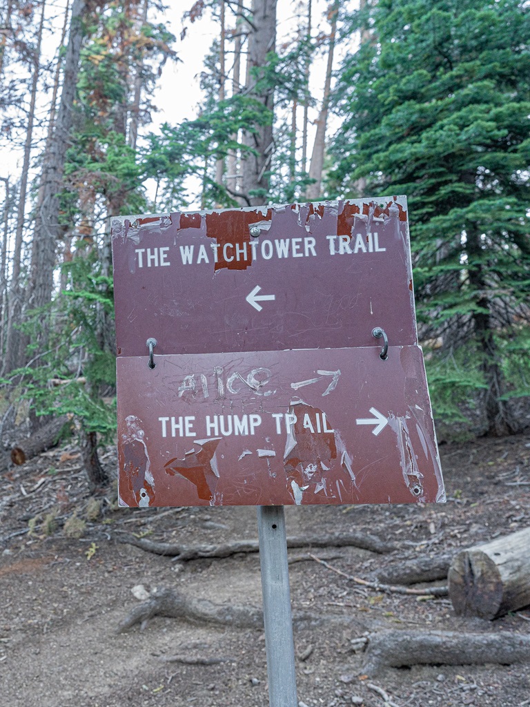 Trail sign with arrow pointing to the left towards The Watchtower Trail and arrow pointing to the right towards The Hump Trail.