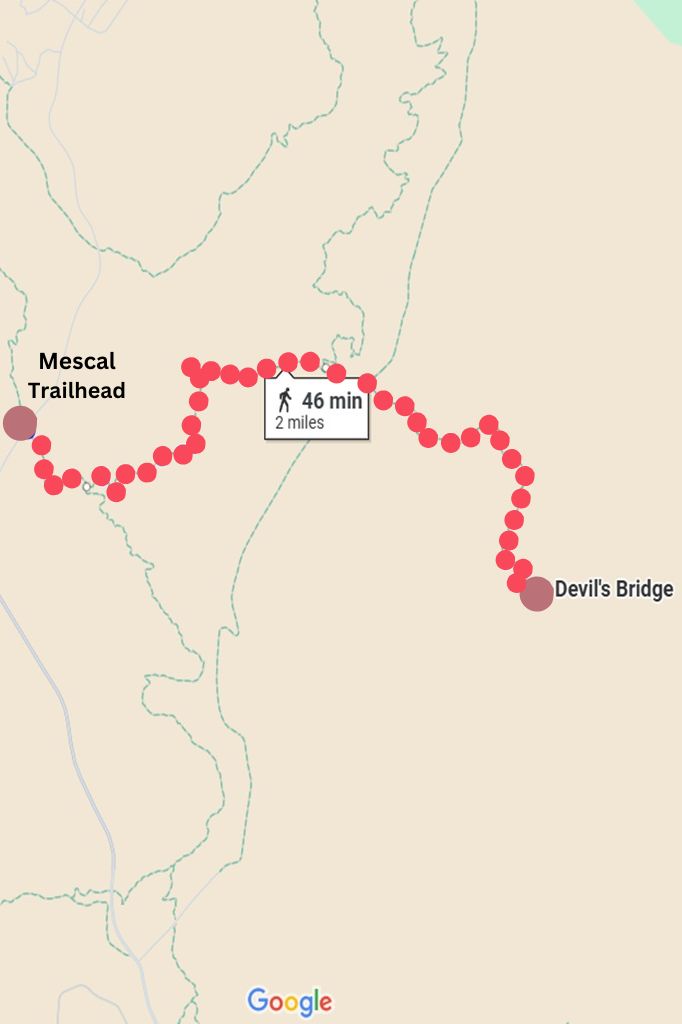 Map highlighting the route from Mescal Trailhead to Devil's Bridge Sedona.