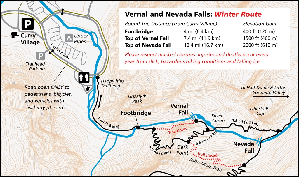 Mist Trail and John Muir Trail to Vernal and Nevada Falls winter route map.