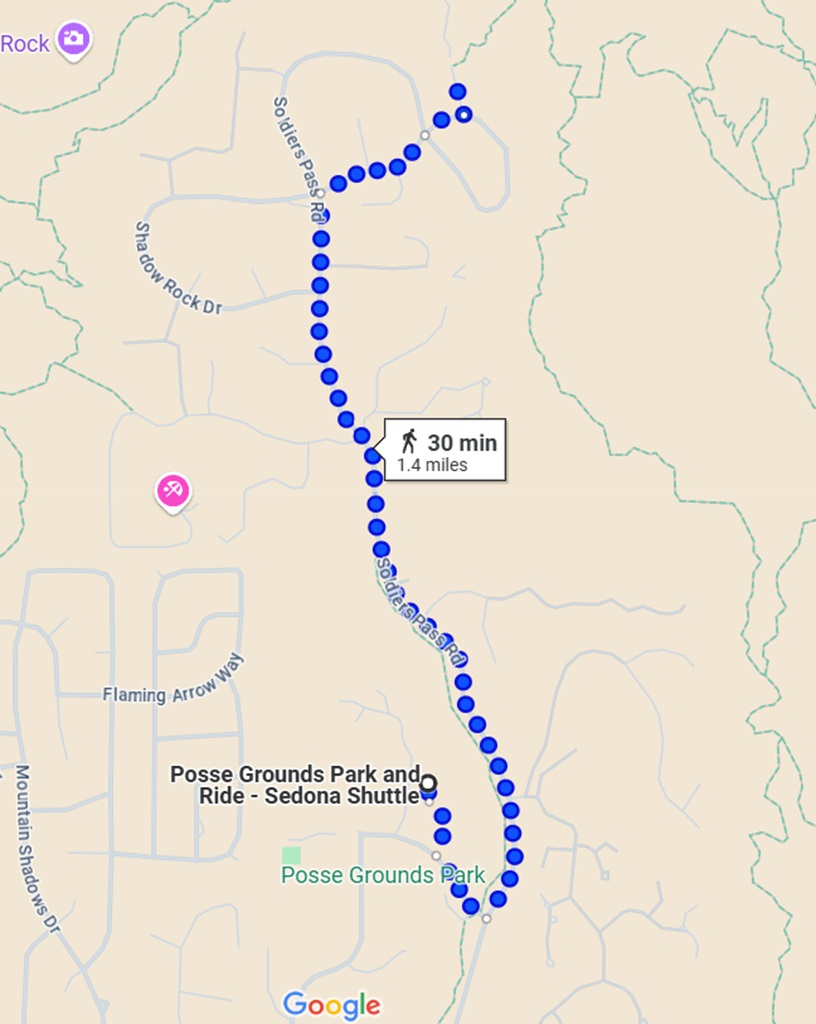 Google Maps walking directions from Posse Grounds Park and Ride to Soldier Pass Trailhead in Sedona, Arizona.