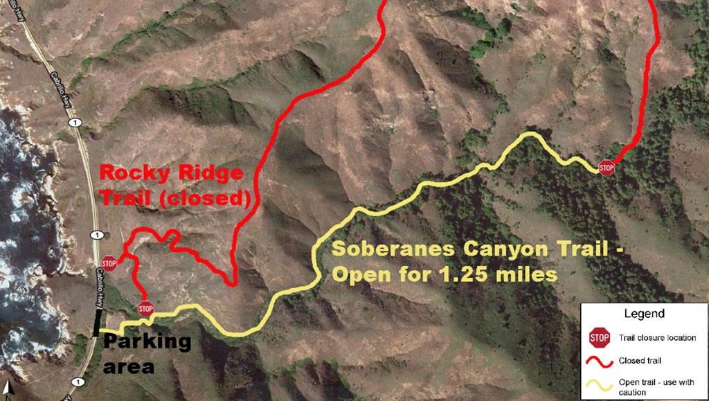 Trail map of Rocky Ridge Trail closure in Garrapata State Park.