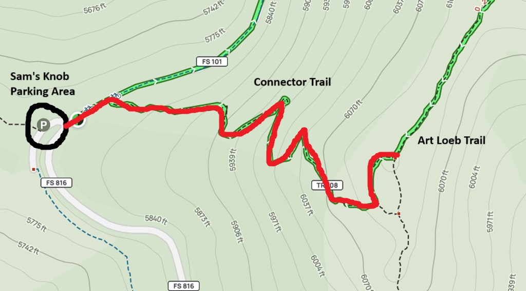 AllTrails Map of the connector trail from Sam's Knob parking area to Art Loeb Trail.