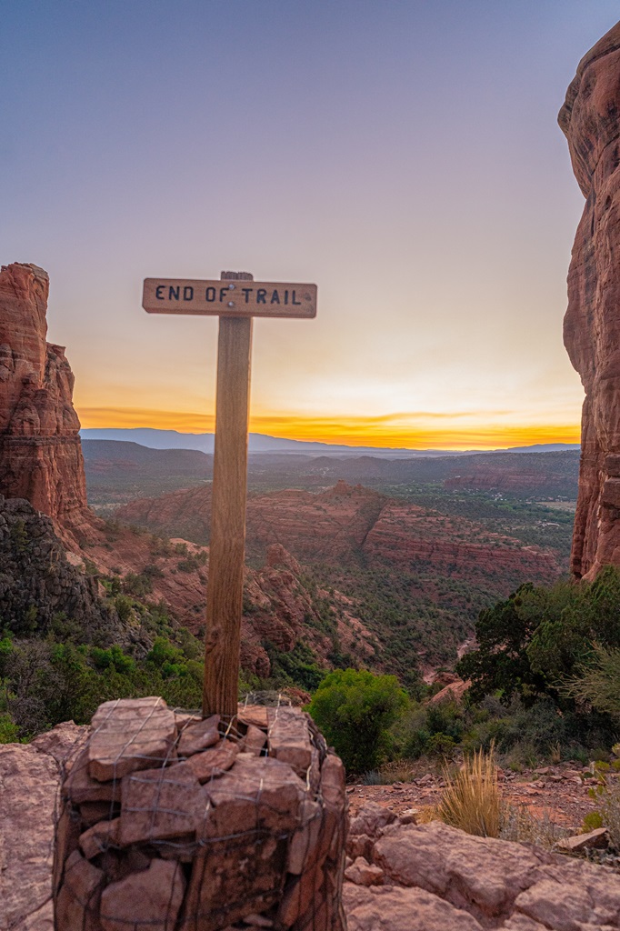 End of Trail sign at the summit of Cathedral Rock.