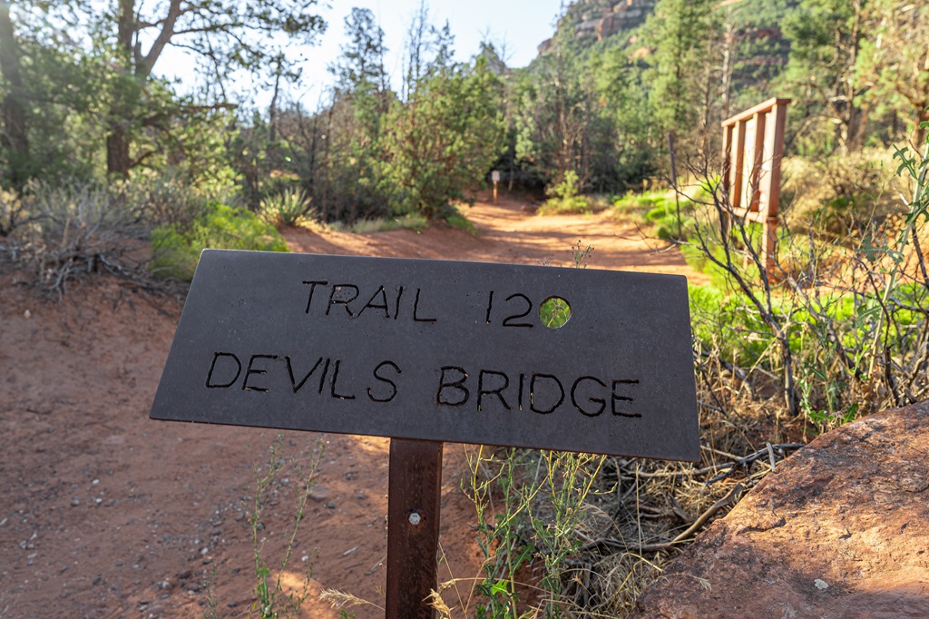 Devil's Bridge trail sign at the official trailhead.