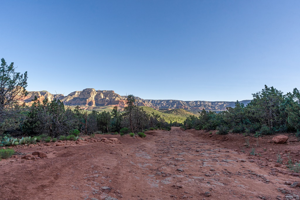 Dry Creek Road with beautiful views of rock formations in the distance.