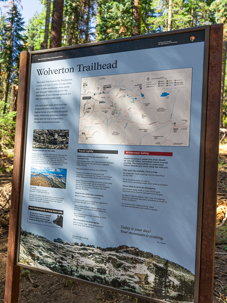 Wolverton Trailhead sign with map and other important information.