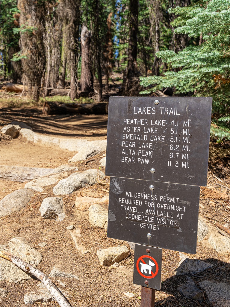 Lakes Trail sign at the Wolverton Trailhead in Sequoia National Park.