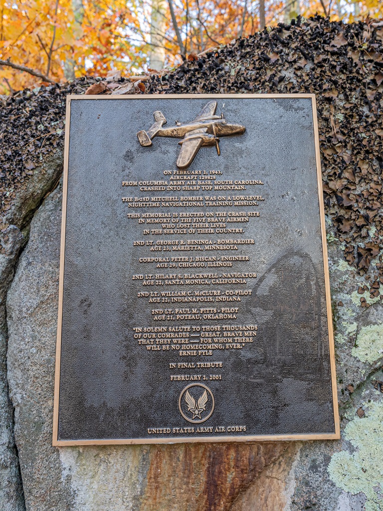 Memorial on the B25 Bomber crash site on Sharp Top Mountain in Virginia.