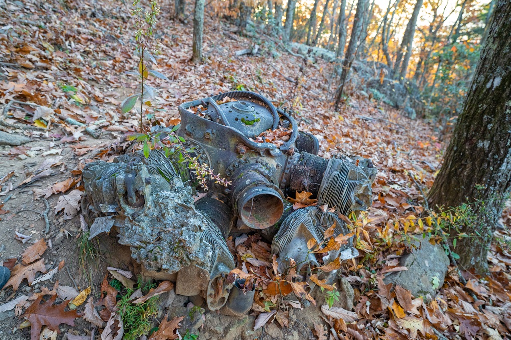 B25 Bomber plane's engine at crash site on Sharp Top Mountain in Virginia.