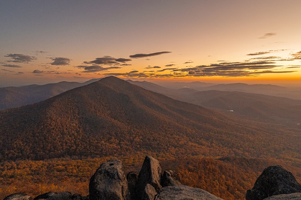 Sunrise from Buzzard's Rock on Sharp Top Mountain in Virginia.