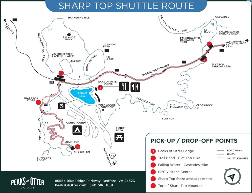 Sharp Top Shuttle Route Map provided by peaksofotter.com.