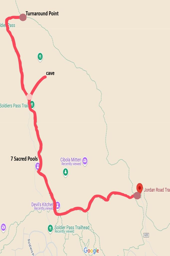 Google Maps of Jordan Trail to Soldiers Pass Trail route.