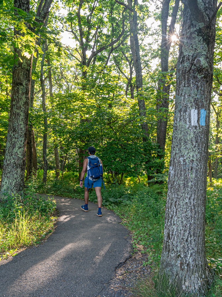 Man hiking along the Appalachian Trail towards Stony Man Summit in Virginia.