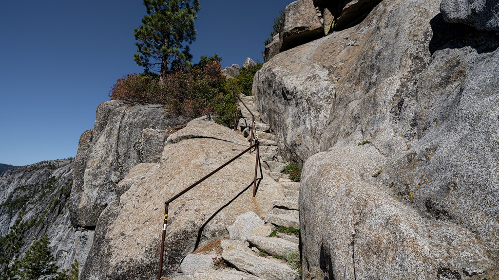 First set of steps heading down towards another overlook of Upper Yosemite Falls.