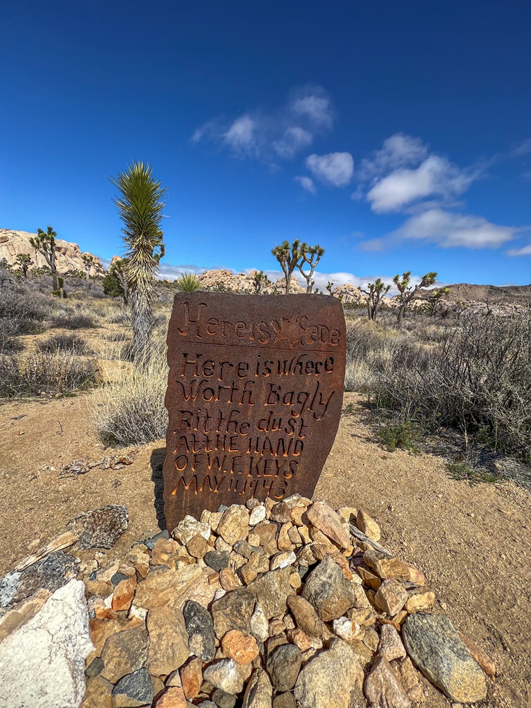 Replica gravestone that reads, "Here is where Worth Bagley bit the dust at the hands of W.F.Keys. May 11, 1943."