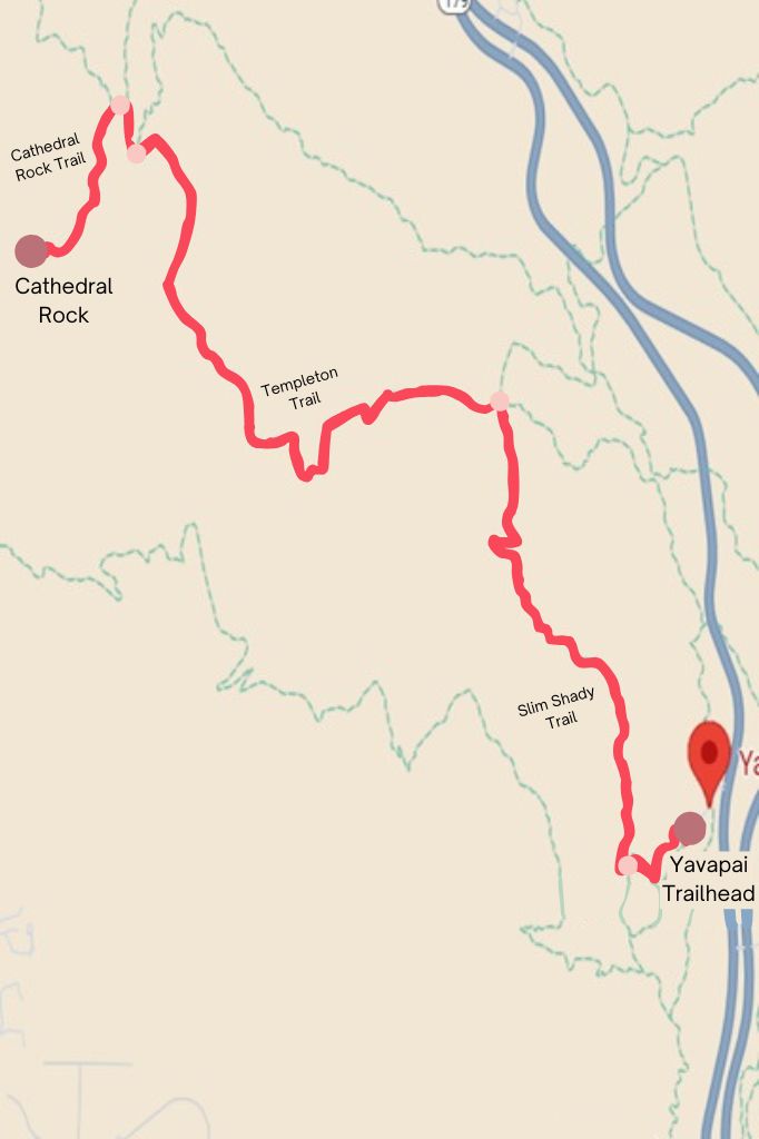 Google Maps of highlighted hiking route from Yavapai Trailhead to Cathedral Rock.