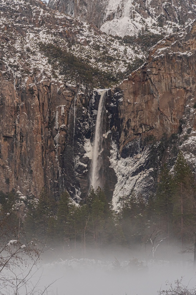 Bridalveil Fall seen from Valley View in Yosemite during winter.