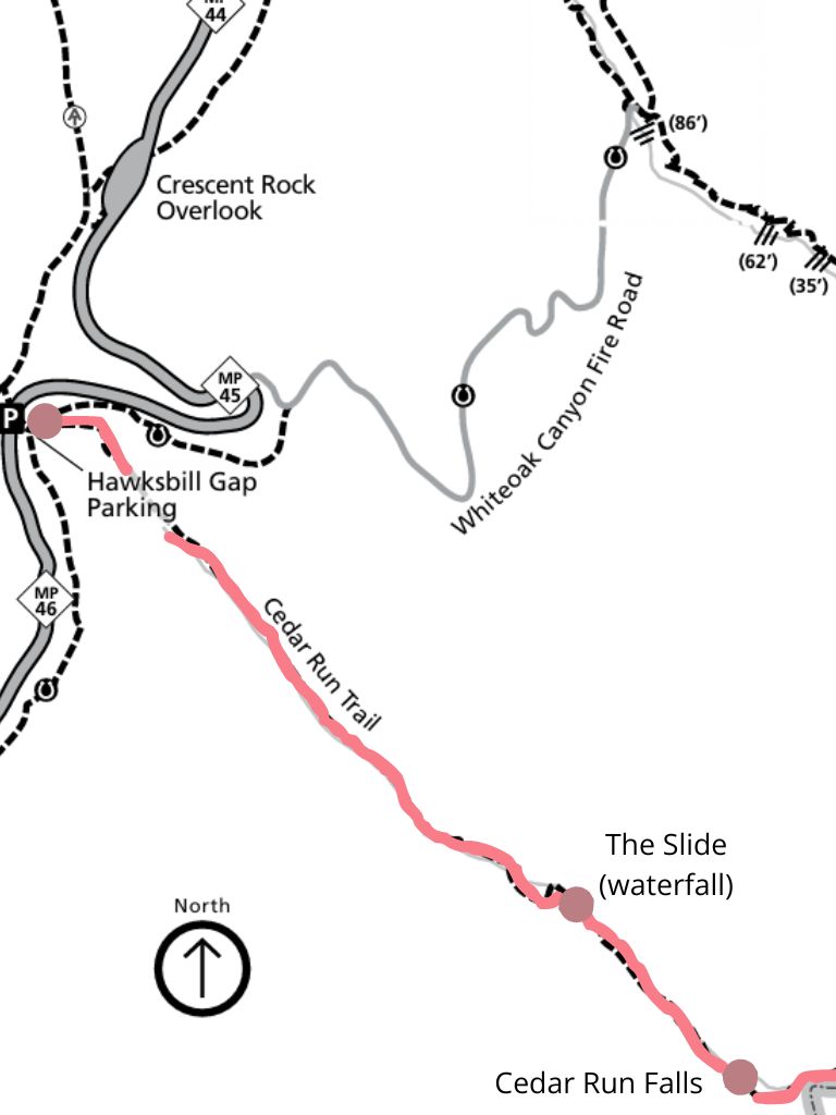 Cedar Run Trail Map highlighting the route plus the two waterfalls.