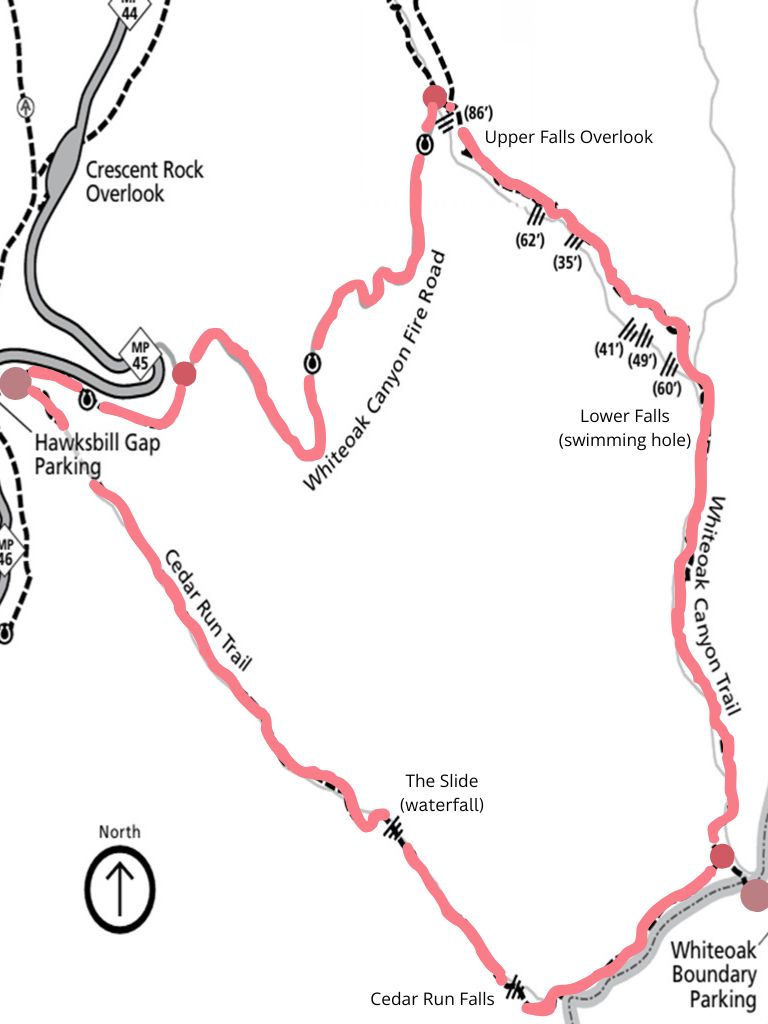 Cedar Run and Whiteoak Canyon Loop Map highlighting the route and all the waterfalls.