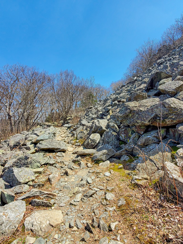 Rocky section of a trail towards Hawksbill Summit in Shenandoah National Park.