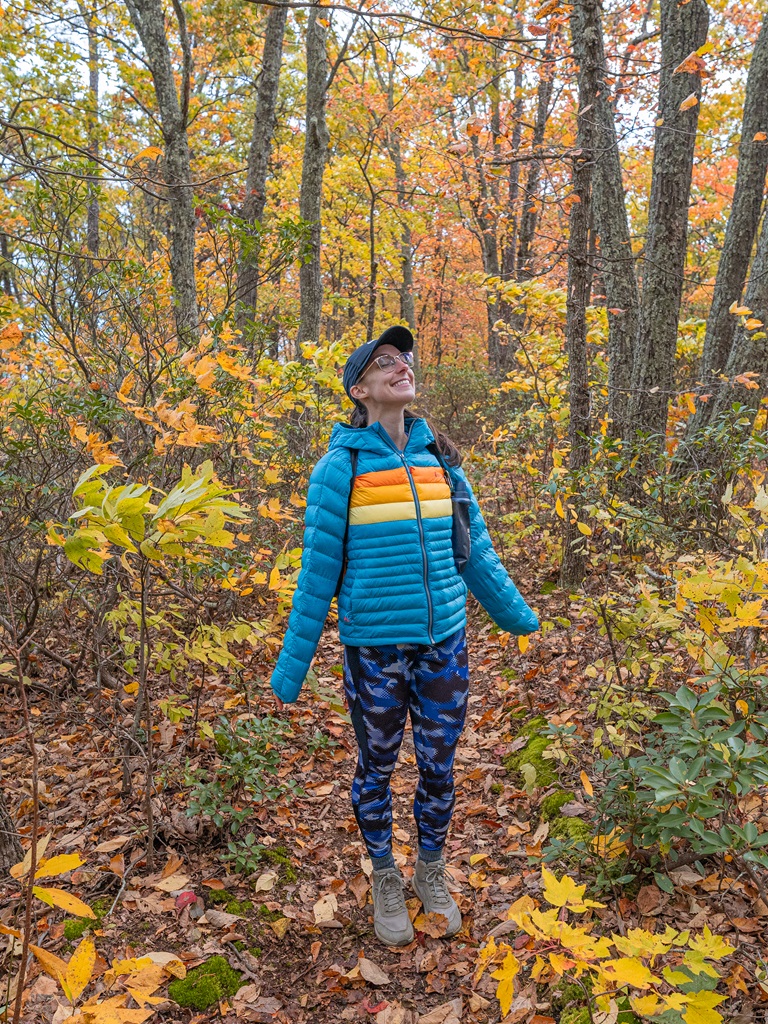 Woman standing on the Appalachian Trail heading towards Tinker Cliffs.