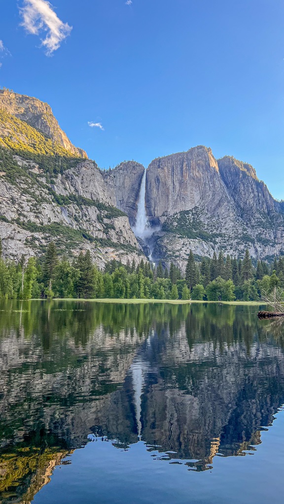 View of Yosemite Falls and Merced River in Yosemite National Park.