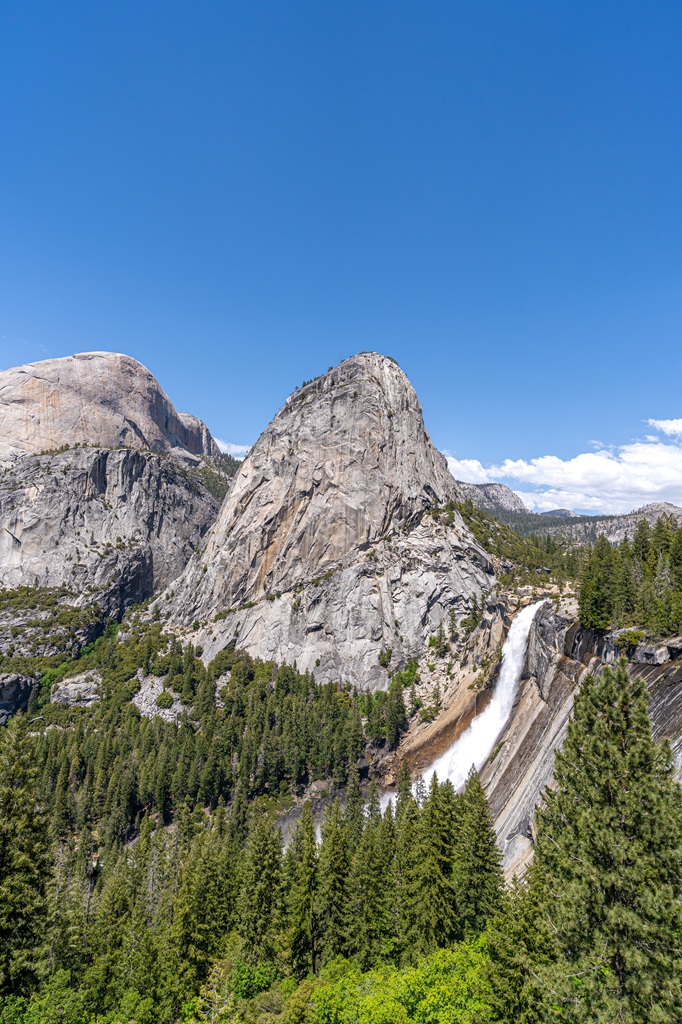 View of Nevada Fall, Liberty Cap, and Half Dome from the John Muir Trail in Yosemite National Park.