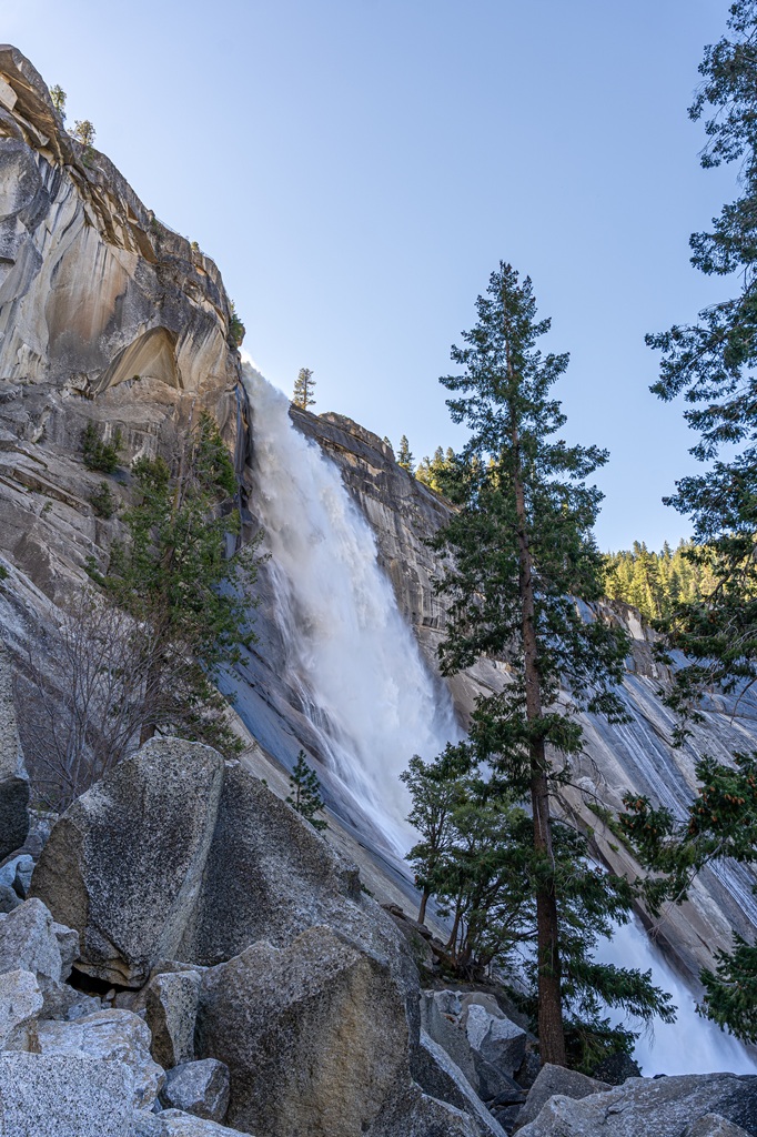 Side view of Nevada Fall from the Mist Trail in Yosemite National Park.