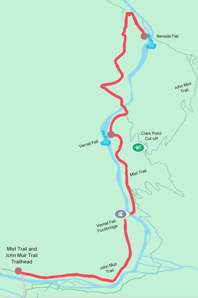 Google Maps showing a highlighted hiking route to Vernal Fall and Nevada Fall via Mist Trail in Yosemite.