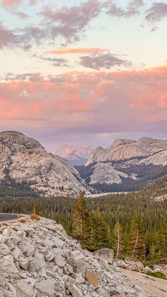 Views from Olmsted Point along Tioga Road during sunset in Yosemite.